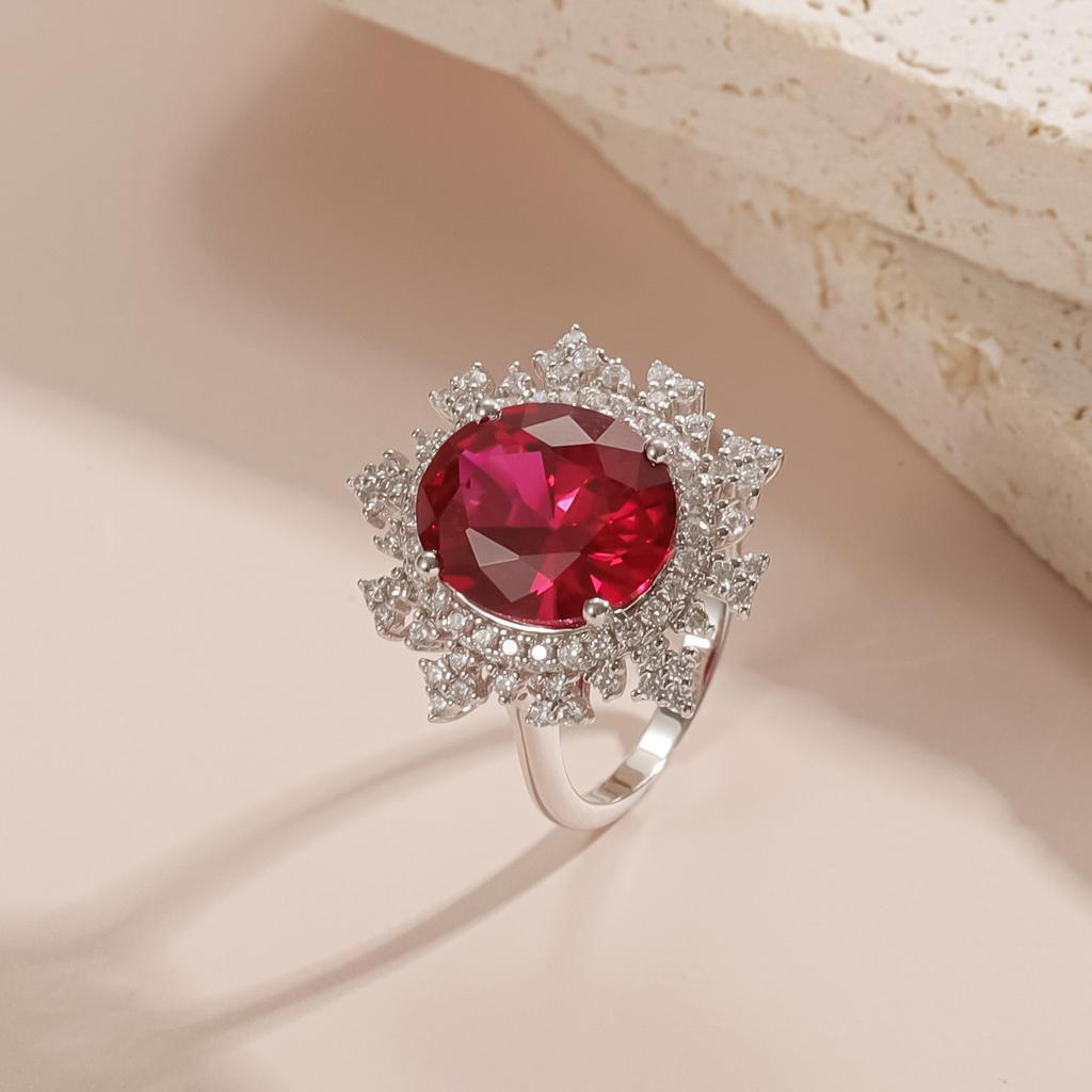 Classic 6.7 Carat Colored Treasure Ring Grand Main Stone S925 Sterling Silver Set Cultured Ruby Ring White
