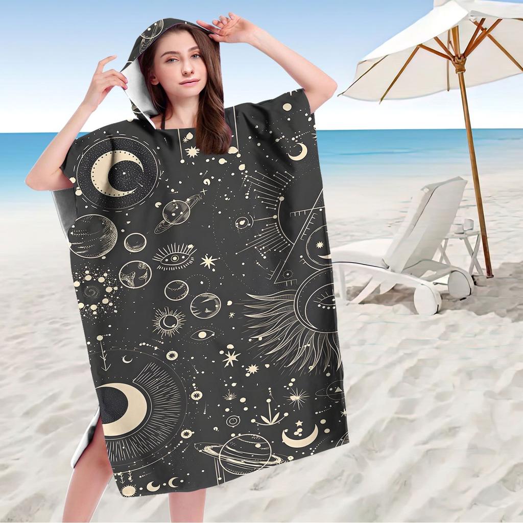 Kawaii Kitten Print Hooded Beach Towel Quick Dry Microfiber Bath Robe Poncho Flat Print for Swimming Pool Outdoor Party Gift