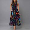 Ladies Oversized Sleeveless Crew Neck Dress Vintage Floral Branch Printed Flowy Calf Length Dress
