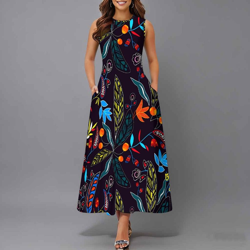 Ladies Oversized Sleeveless Crew Neck Dress Vintage Floral Branch Printed Flowy Calf Length Dress