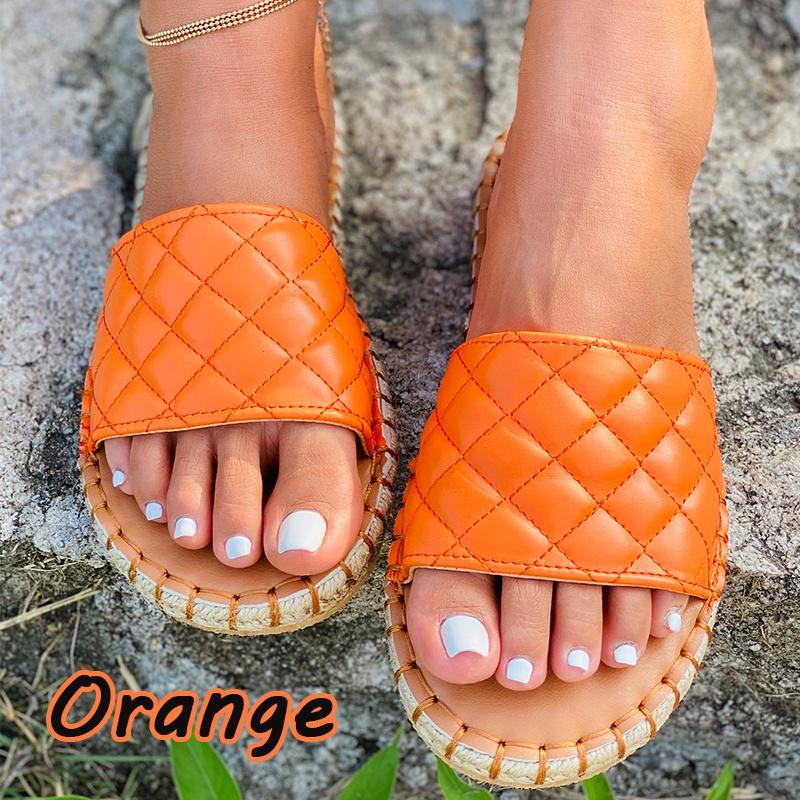 New Women's  Open Toe Comfy Flat Home Slippers Indoor Diamond Pattern Faux Leather Upper Summer Sandals Flip Flops Plus Size