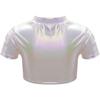 Girls Jazz Dance Top Metallic Short Sleeve Round Neck Crop Tee for Cheerleading Stage Performance