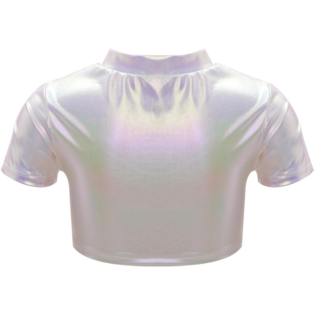 Girls Jazz Dance Top Metallic Short Sleeve Round Neck Crop Tee for Cheerleading Stage Performance