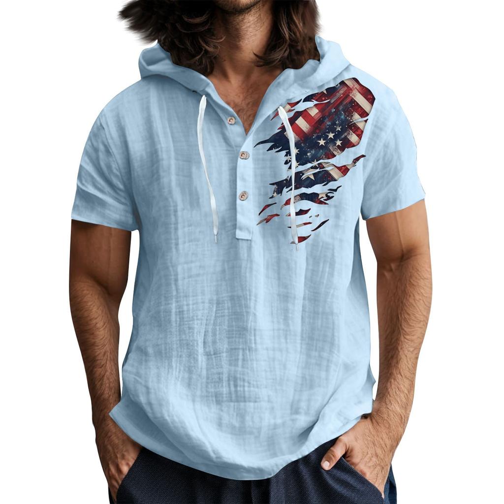 Men'S Casual Short Sleeved Hooded Top Buttoned Open Neck T-Shirt