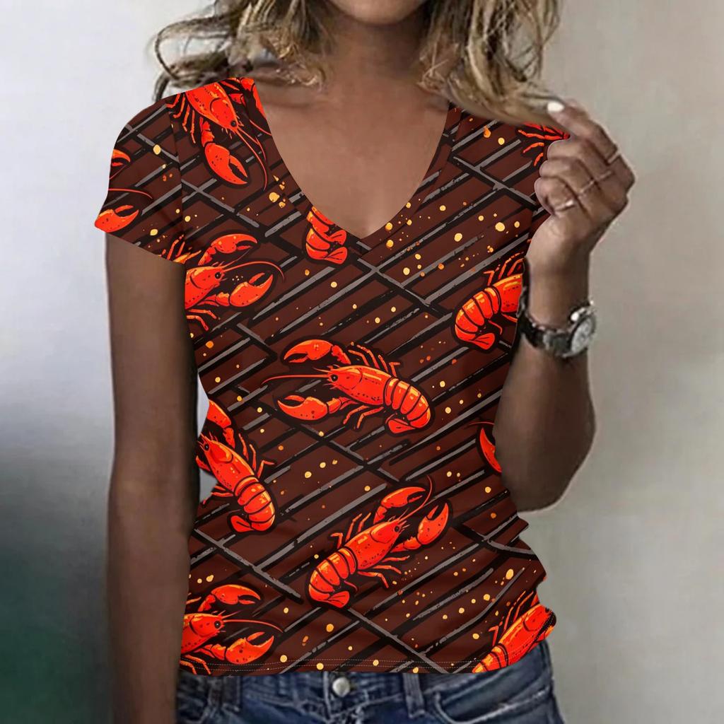 Women Casual V Neck Short Sleeve Top Lobster Print Lightweight Soft Fabric Summer Shirt for Daily Wear