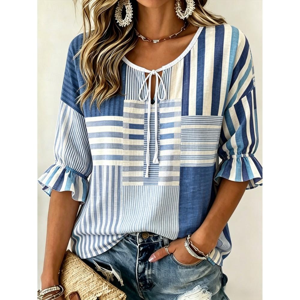 Women's Multicolor Patchwork Striped Print Tie Neck Blouse, Casual Loose Tops for Spring Summer Daily Wear & Vacation Occasions