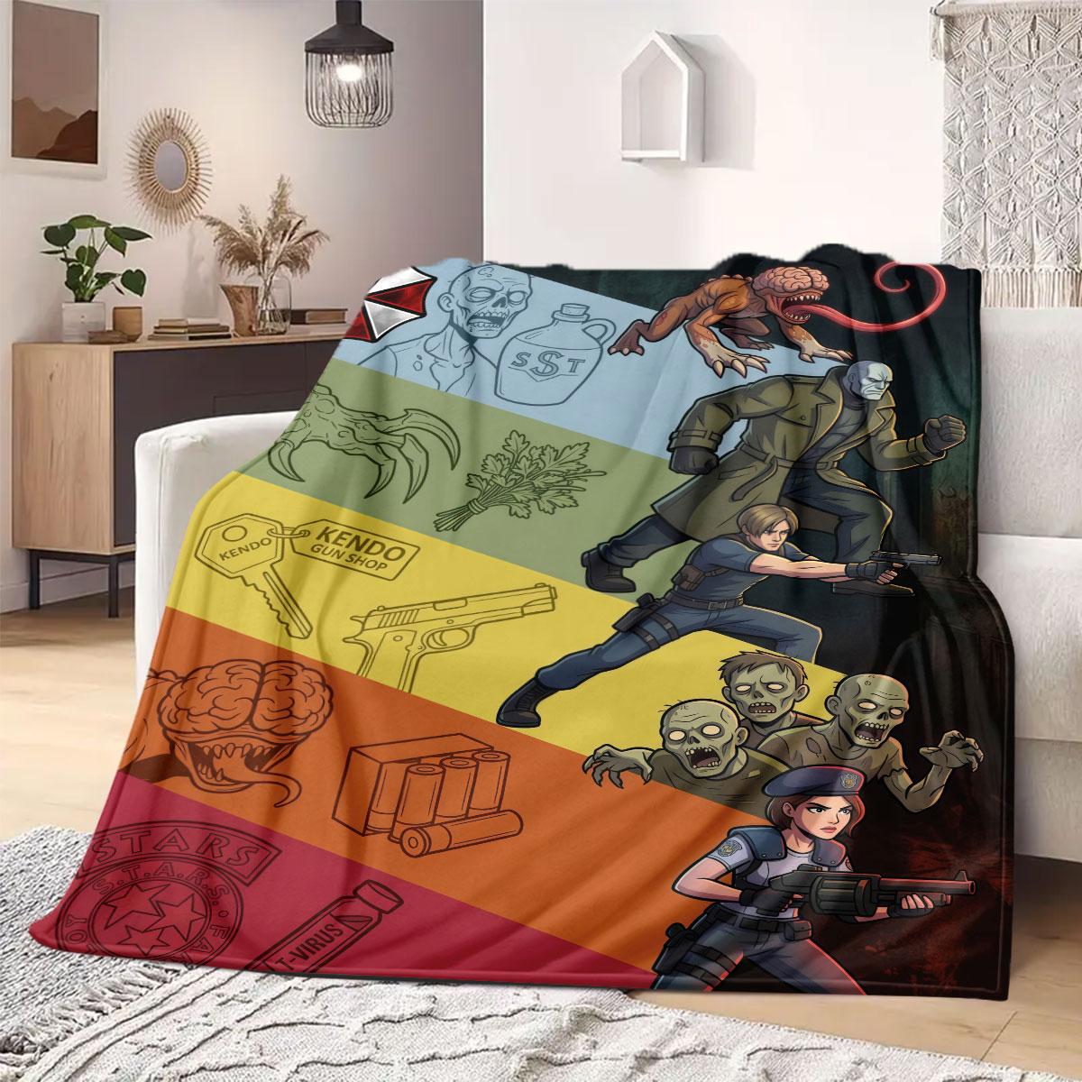 Resident Evil Charming Cartoon Flannel Blanket, Printed Pattern for Beds, Cozy Sofa Nap Throw, Lightweight Travel_LIAN 75x90cm
