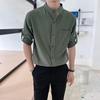 High-end Wrinkle Wave Free Ironing Fabric Thin Stand Collar Shirt Men's Short-sleeved Round Neck Shirt