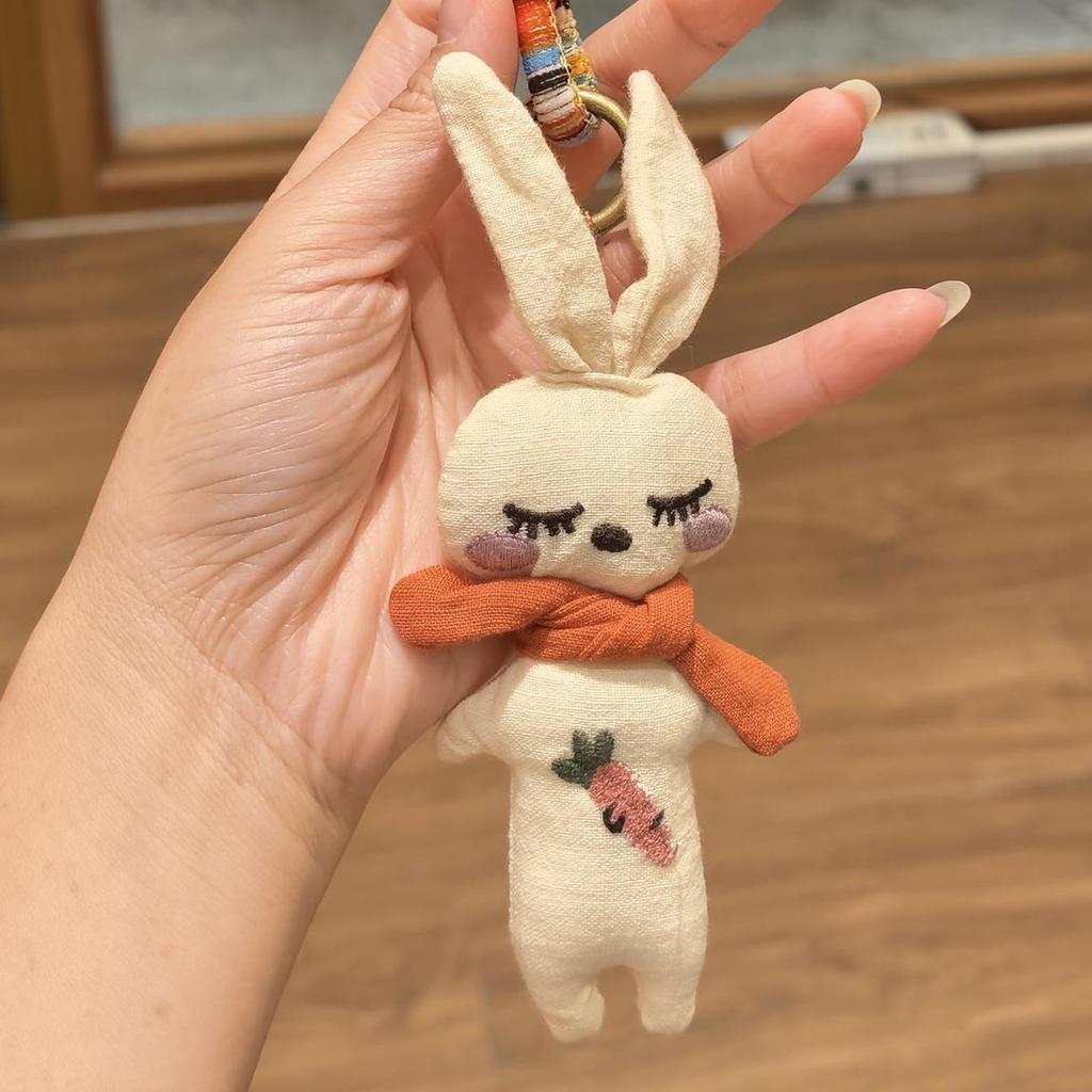 Handmade Fabric Rabbit Keyring, Linen Bunny Pendant with Carrot Embroidery & Multicolor Cord,Sleeping Bunny Keychain, Cute Plush Charm