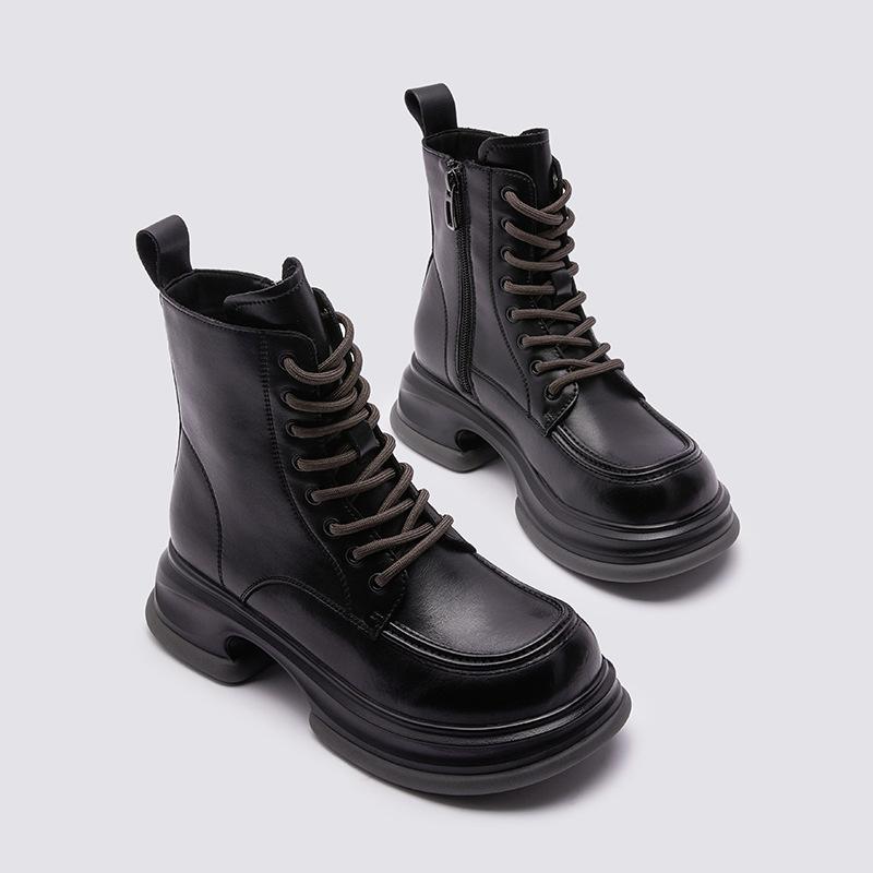 Leather Martin Boots Women's 2025 Autumn and Winter New Medium Boots Children Thick Heel Thick Sole Velvet Warm British Style Short Boots