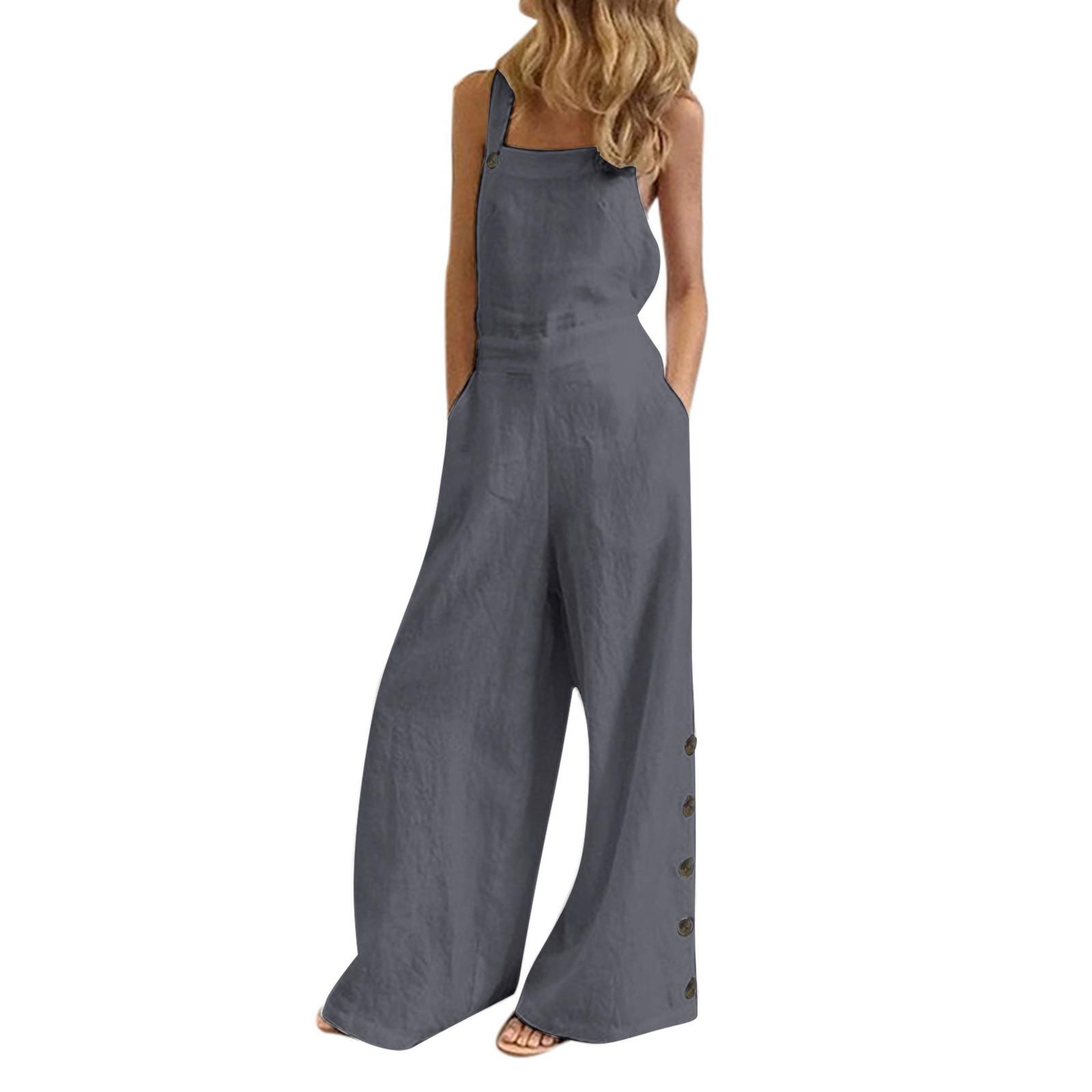 

Women S Retro Art Color Sleeveless Side Pocket Casual Wide Leg Side Buckle Jumpsuit S
