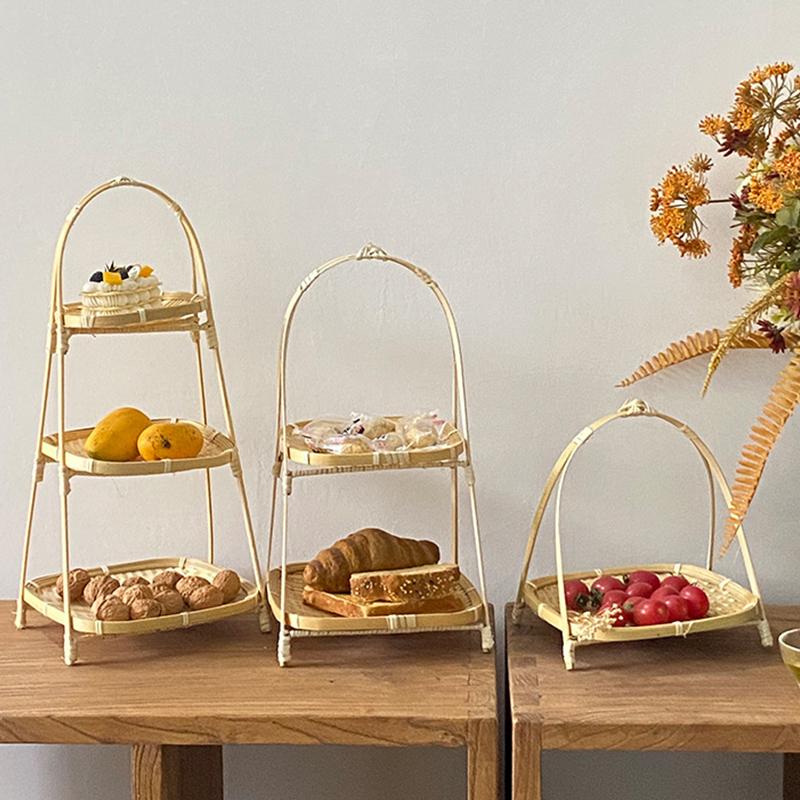 Multi-Function Bamboo Woven Basket 1/2/3 Layers Fruit Vegetable Storage Basket Durable Handwoven Standing Tray For Kitchen