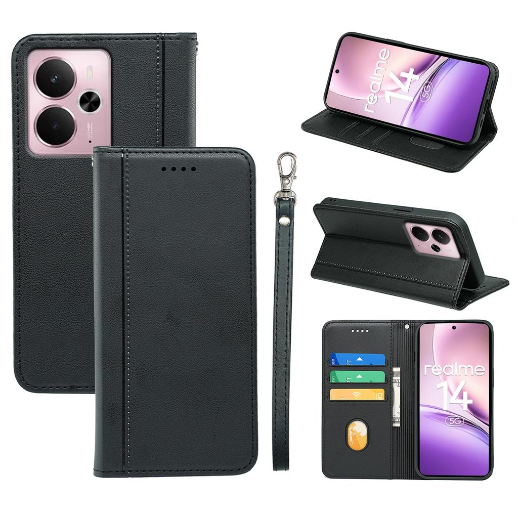 Pro Realme 14 5G Peněženkové pouzdro Magnetické zavírání PU kůže Kryt na telefon s poutkem na zápěstí