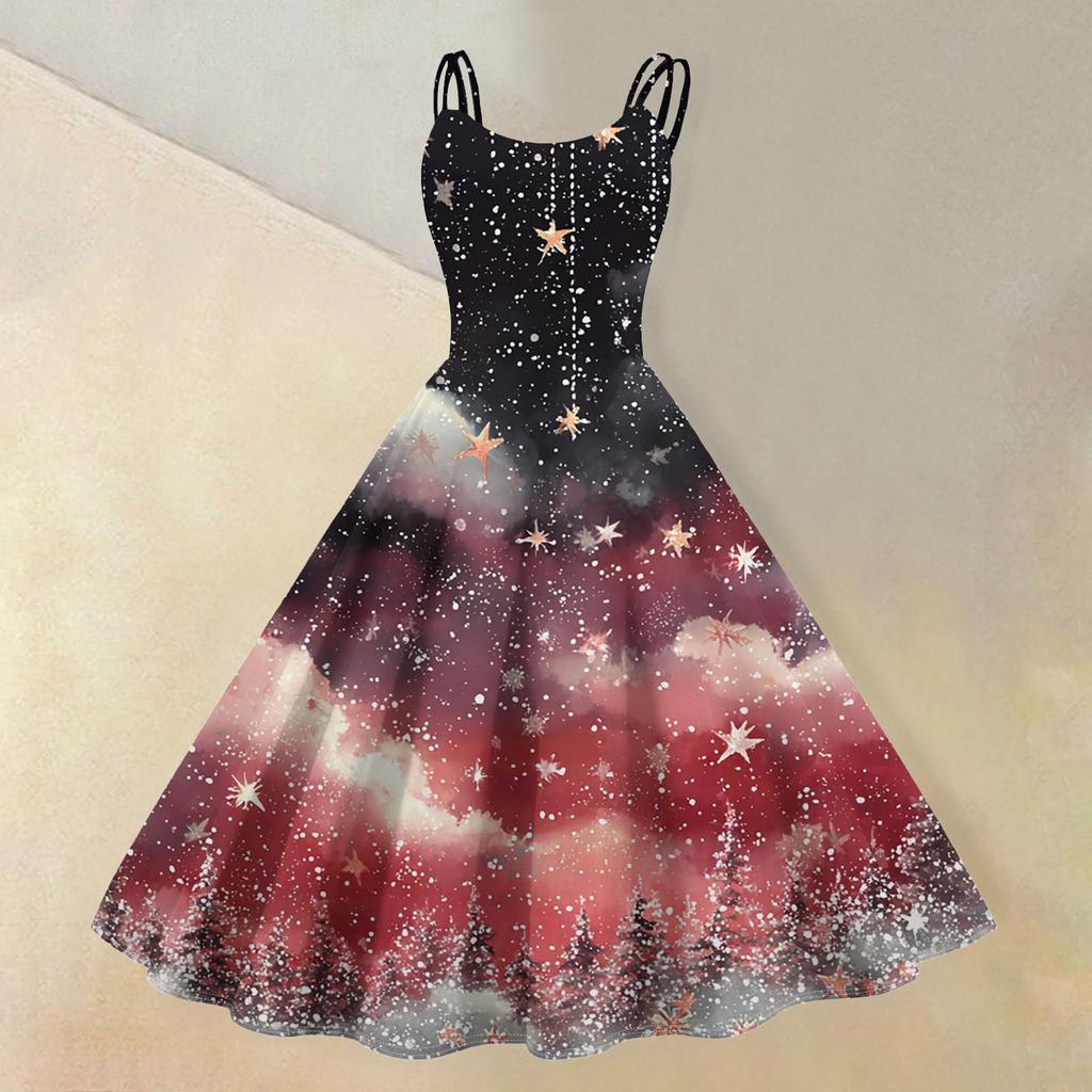 (veselé Vánoce) Dámské ležérní módní šaty s vánočním potiskem sněhové vločky/vánočního stromku/sněhuláka, s kulatým výstřihem, retro