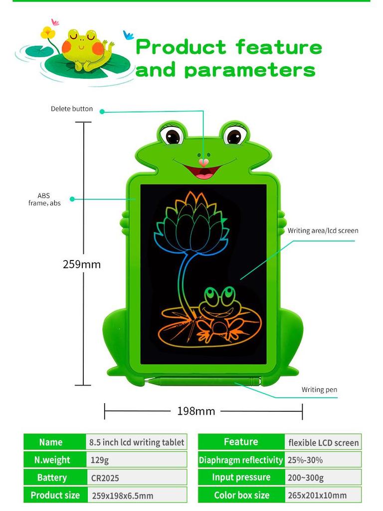 8.5 Inch Frog Cartoon LCD Writing Tablet for Kids - Electronic Drawing and Handwriting Board
