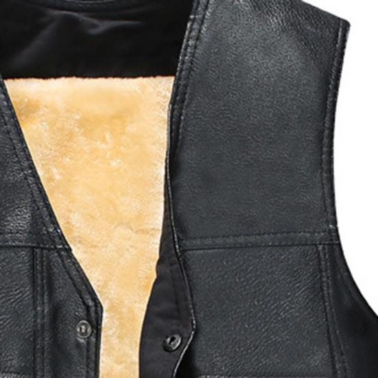 Men Vest V Neck Sleeveless All Match Faux Leather Windproof Extra Warm Motorcycle Waistcoat for Work