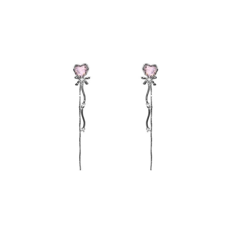 

Sweet Pink Love Heart Long Tassel Drop Stud Earring For Women Fashion Party Zircon Accessories