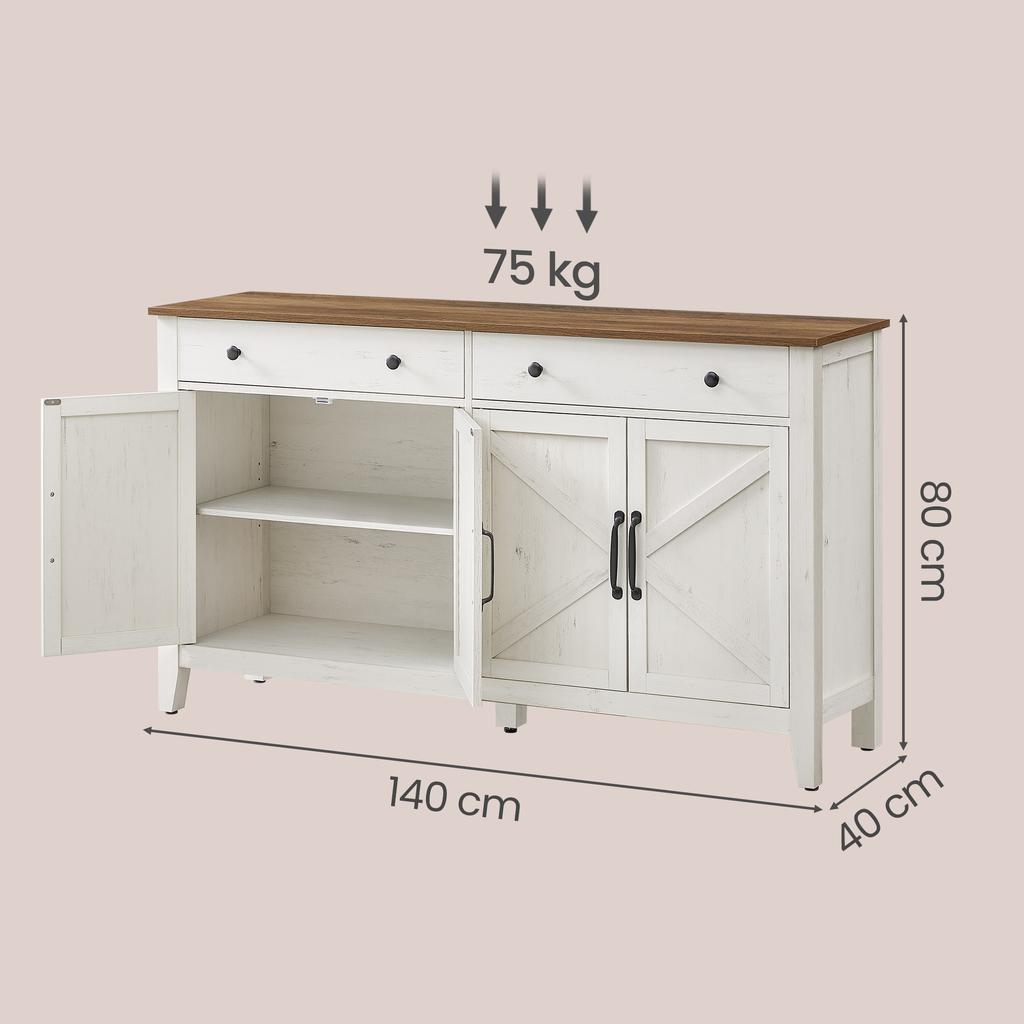 VASAGLE BBK381W02 Sideboard Storage Unit with Drawer, Kitchen Cabinet with Doors, Adjustable Shelf, Country Style, for Living Room, Dining Room