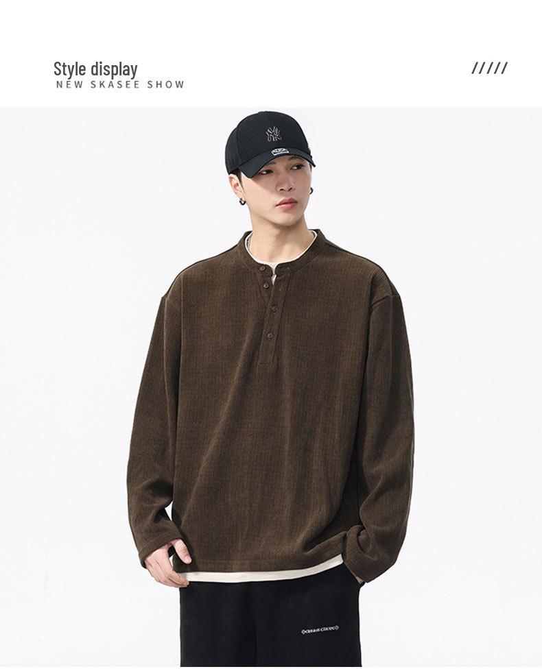 Men's Washed Two-Piece Look Long Sleeve American Streetwear Loose Heavyweight Plus Size Top 550