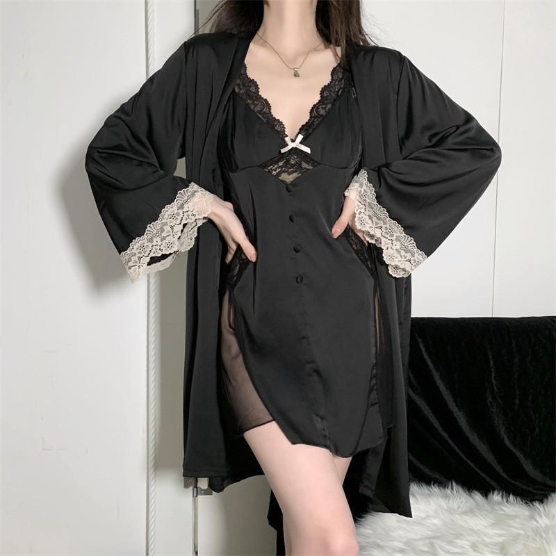 Women's Suspender Skirt Spring and Summer Sexy Nightgown Two-piece Set with Chest Pad Pure Desire Wind Hollow Lace Nightgown Pajamas