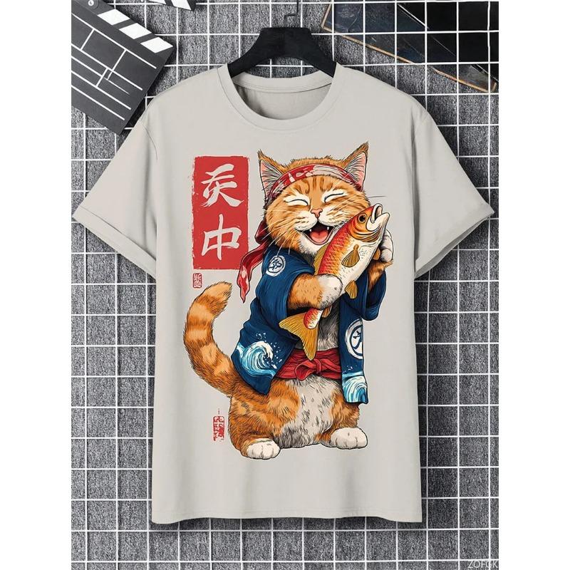 3D Printed 2025 New Men's T-shirt Cartoon Warrior Cat Art Short Sleeved Round Neck T-shirt Casual Street Top