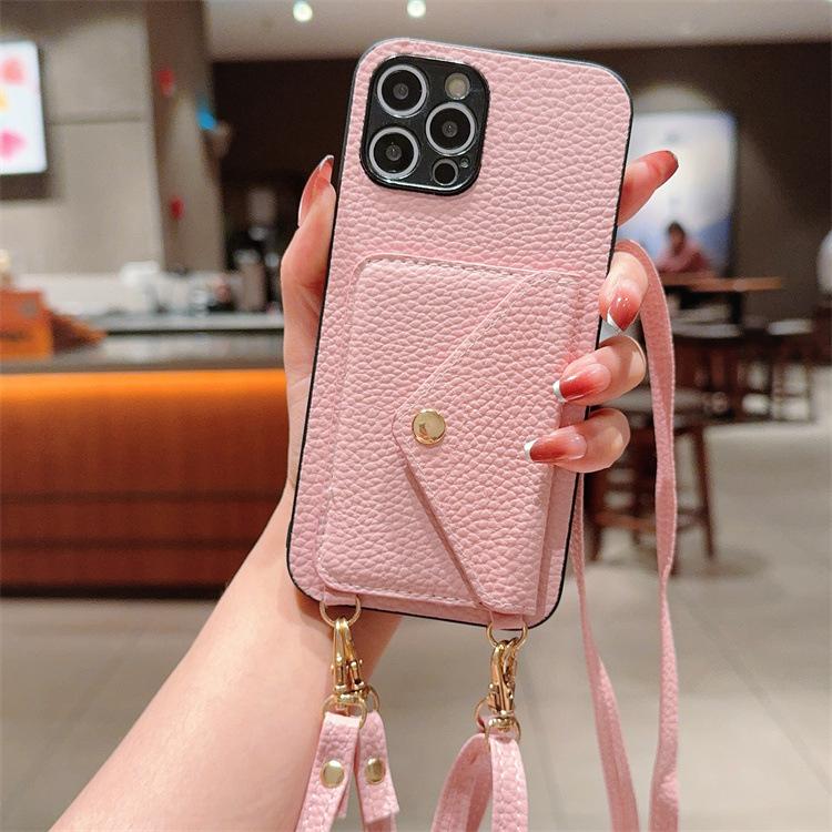 Applicable To Iphone16promax Lychee Pattern Card Bag Leather Case 14plus Crossbody Card Lanyard Mini Protective Cover