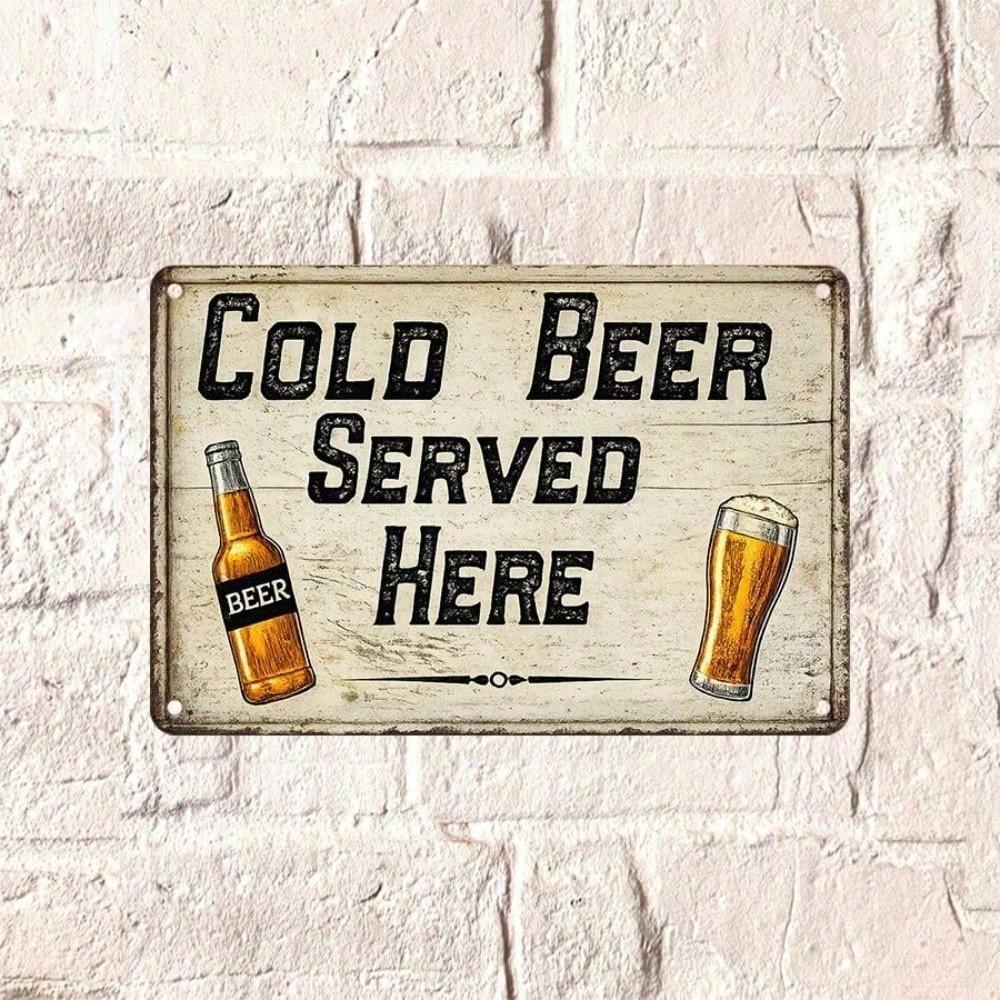 1PC Retro Cold Beer Metal Tin Sign, 2D Flat Vintage Wall Decor, 12x8 Inch Rustic Farmhouse Plaque, Easy To Hang
