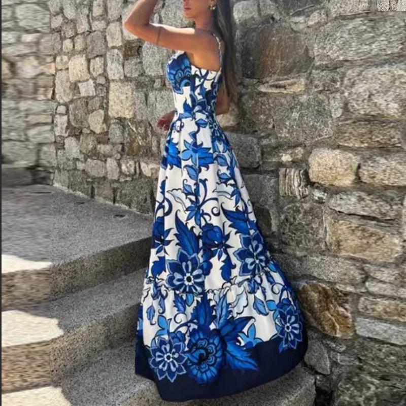 Chic European and American Women's V-Neck Long Dress with Sexy Print, Pleated Waist, and Strappy Design