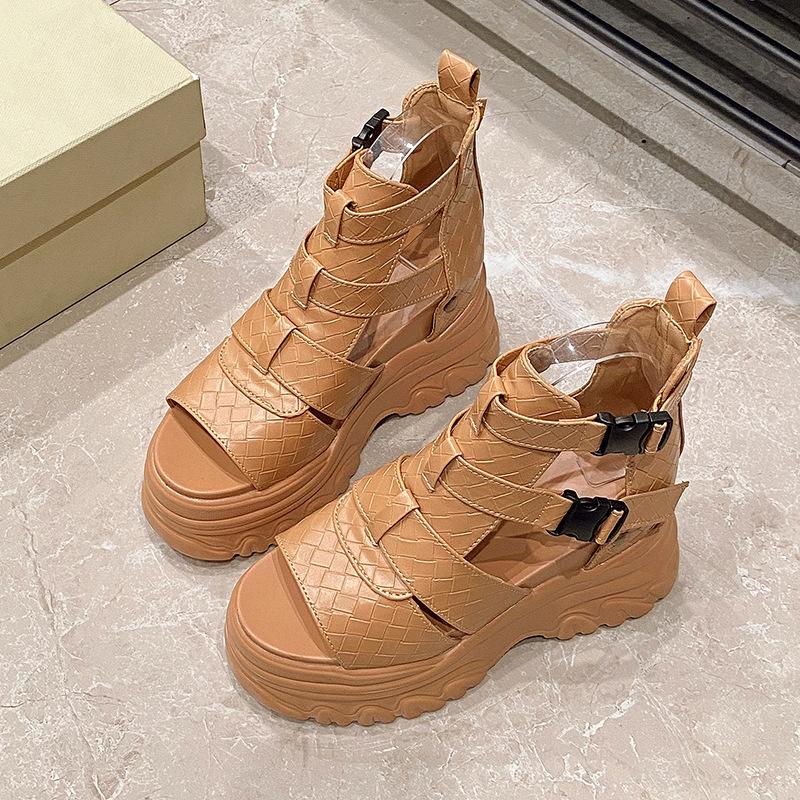 2025 summer height increase Roman sandals women's outer wear fashion casual muffin thick-soled high-top sandals high-heeled fish mouth cool boots