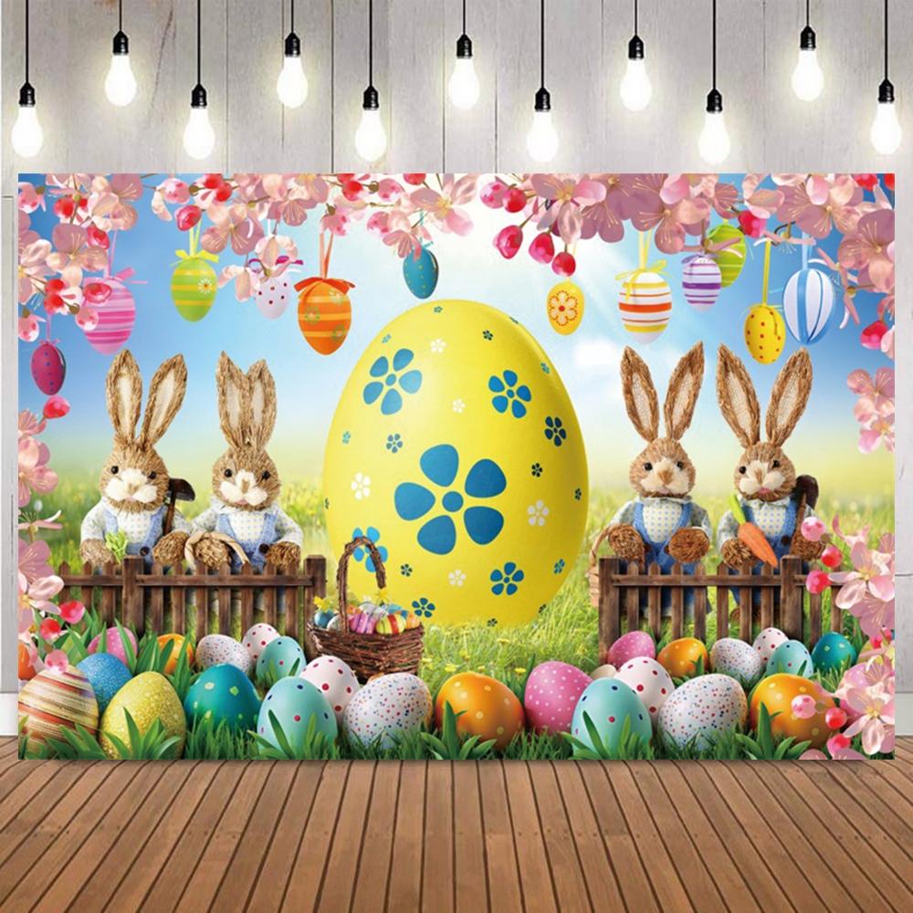 Easter Bunny Vintage Truck Floral Egg Photo Backdrop Kids Birthday Party Home Decor Portrait Photography Background Studio Props8