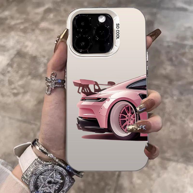 Pink Supercar Print Electroplate Silver IMD Phone Case For iPhone 17 16 15 14 13 12 11 Pro Max X XS XR 7 8 Plus 17 Air 16E Cover