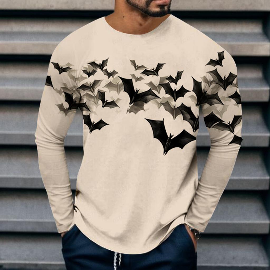 Spring and Autumn Round Neck 3D Bat Printed Top Fashionable Casual Long Sleeved Men's T-shirts