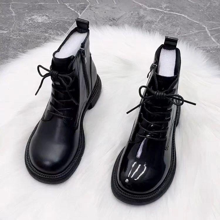 2025 Damen Lackleder Stiefeletten: Samtgefütterte, stilvolle Martin Schnee- & Motorradstiefel für Herbst/Winter.