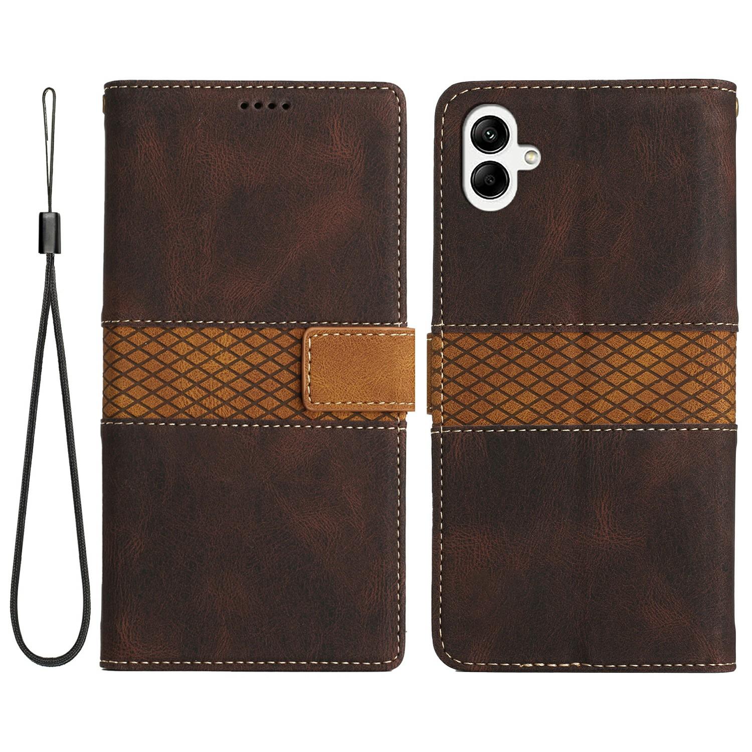

For Samsung Galaxy A06 4G Leather Case Grid Splicing Stand Wallet Phone Cover Brown