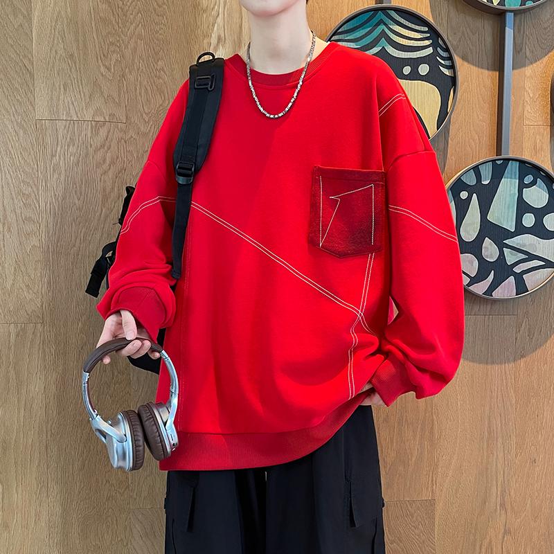 

Мужской повседневный универсальный пуловер с круглым вырезом и длинными рукавами, футболка, толстовка, топ L красный