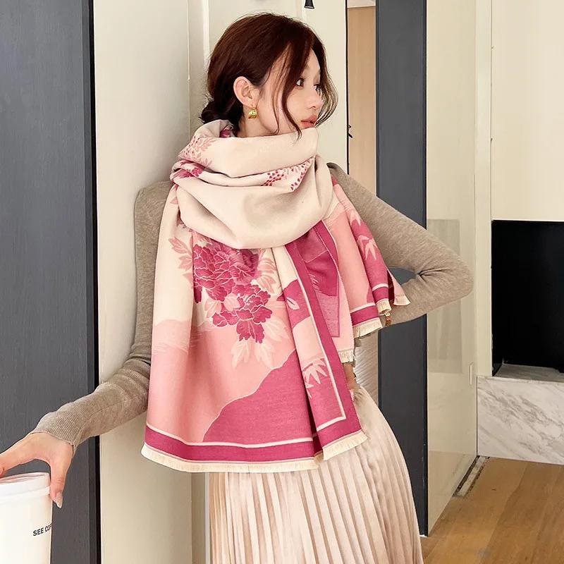 Luxury Cashmere Floarl Scarf Winter Women Pashmina Shawls Warm Blanket Wraps Female Foulard Bandana Brand Thick Scarves Hijab