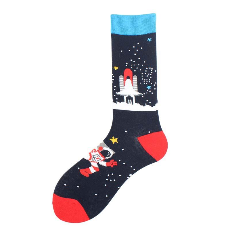 Happy Funny Unisex Painting UFO Astronaut Outer Space Rocket Men Crew Socks Male Boys Streetwear Cotton Causal Skateboard Sox