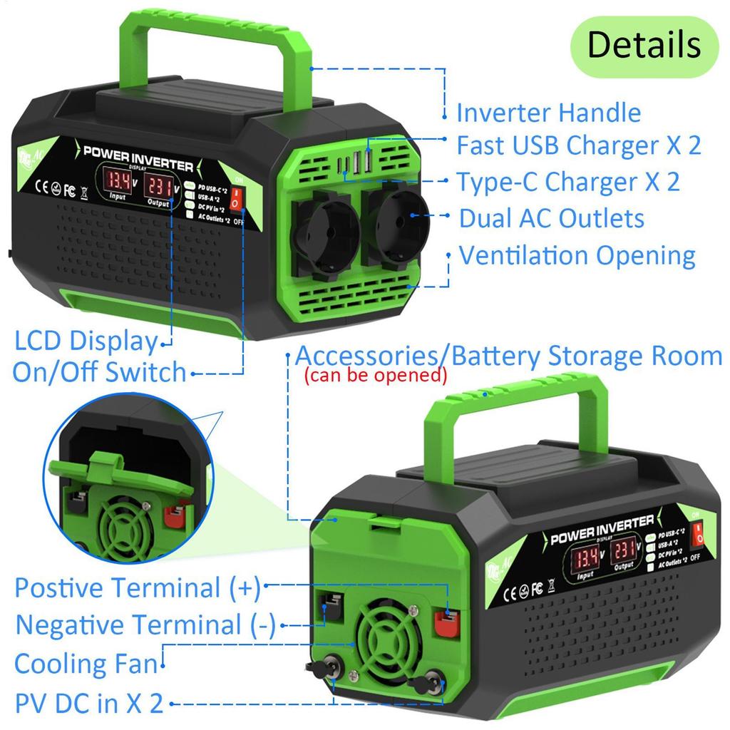 Inverters For Vehicles 300W Car Voltage Inverter 12V To 220V/110V Digital Display Plug Outlet With 4 USB Ports Fast Charging