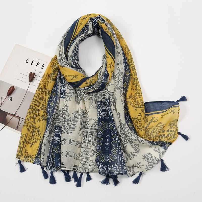 New Printed Soft Linen Cotton Scarf Shawls Women Muslim Hijabs Premium Foulard Femme Long Fresh Floral Tassel Scarves Echarpe
