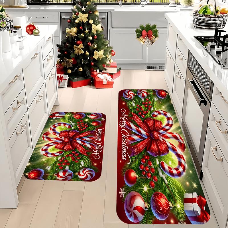 Christmas Candy Cane Kitchen Rug, Indoor Outdoor Flannel Non-Slip Soft Mat for Kitchen Office Bathroom Holiday Home Decor