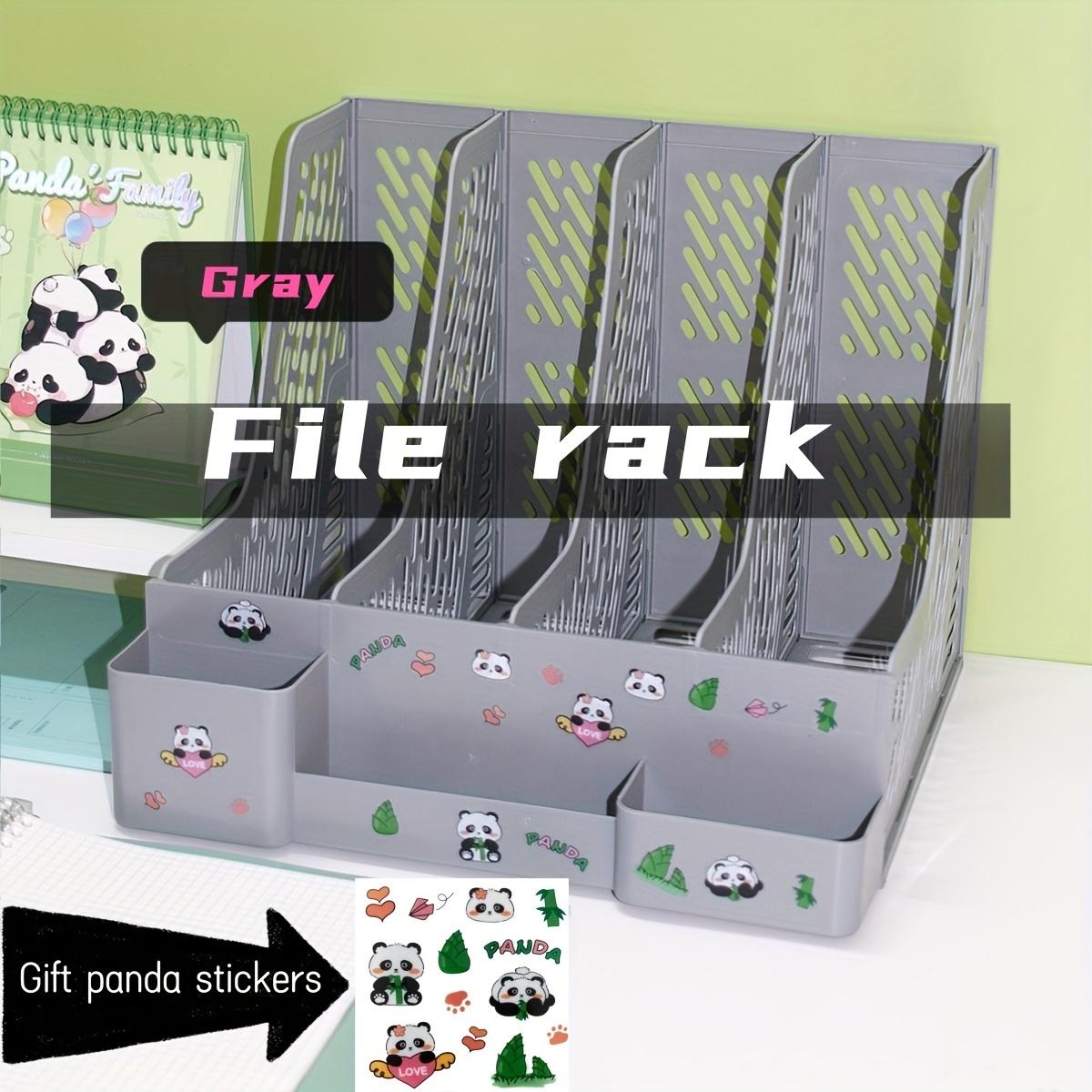 4-Tier Plastic File Organizer with Pen Holder & Cute Panda Stickers - Multi-Purpose Desk Organizer for Home Office, Study серый