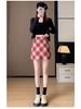 Red Plaid Women's High-Waist A-Line Skirt, Stylish Petite Woolen Skirt for Spring/Autumn 2026.