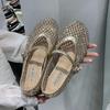 Fashion Luxury Crystal Rhinestone Fishnet Ballet Flats Woman Brand Design Rivet Studs Mesh Mary Jane Shoes Ladies Summer Hollow Loafers