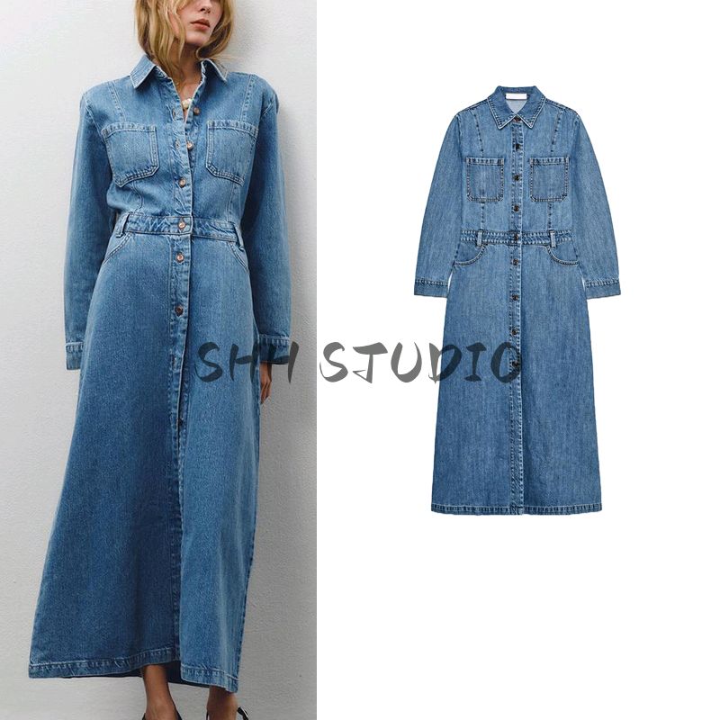Spring Women Clothes American Simple Style Metal Button Decoration Long Lapel Demin Dress 1879023