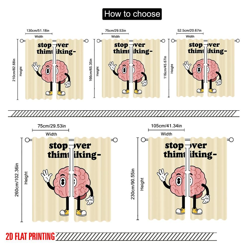 2 Stück 2D-Flachdruck-Vorhänge „Stop Overthinking Brain“ (100 % Polyestergewebe, ohne Stromanschluss) – Ganzjahres-Party- und Festtagsdekoration