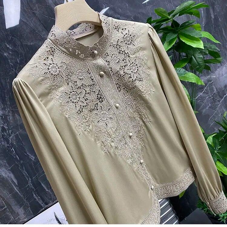 Blouse Female Embroidery Stand-up Collar Long-sleeved Heavy Imitation Silk Mulberry Shirt Women Autumn