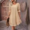 Women's Summer Cotton Linen Dress Casual Crew Neck Short Sleeve Midi Dress Beach Vacation Ruffle Hem Loose Dress