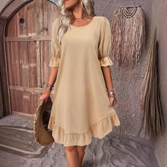 Women's Summer Cotton Linen Dress Casual Crew Neck Short Sleeve Midi Dress Beach Vacation Ruffle Hem Loose Dress
