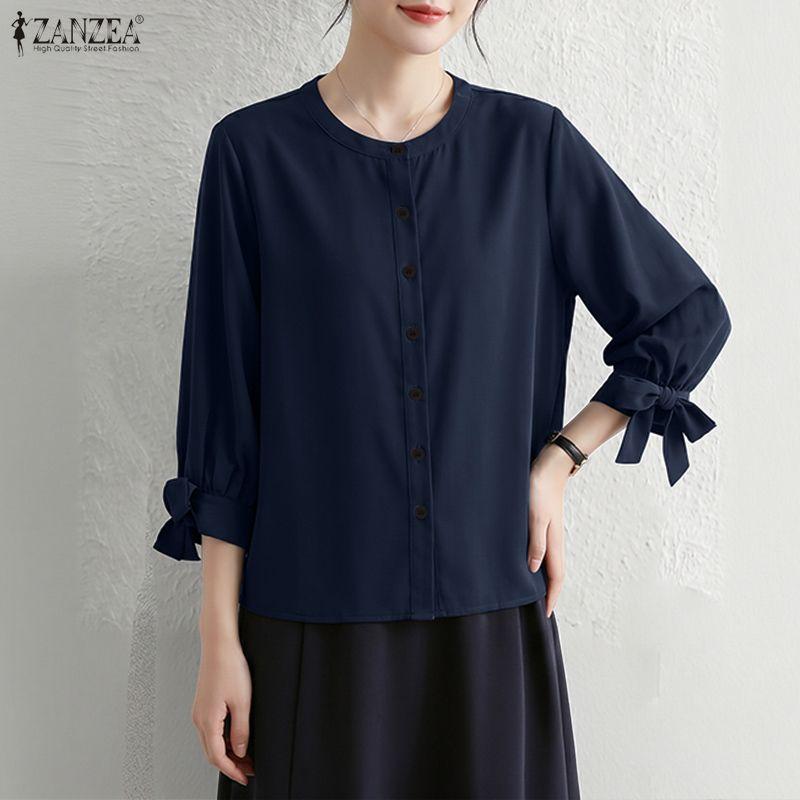 ZANZEA Women Casual Round Neck Solid Color Loose 3/4 Sleeve Blouse