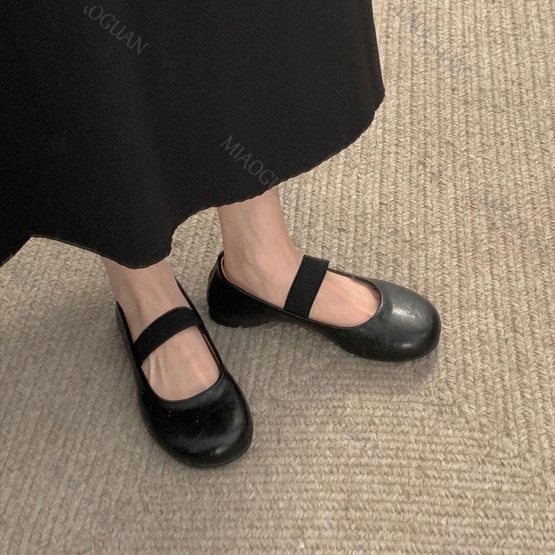 Fashion Black Single Shoes Retro Soft Bottom Round Toe Slip on Women's Flats Casual Solid Belt Shallow Mouth Ballet Mary Jane Loafers